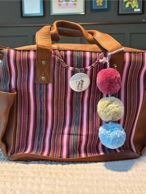 Nena & Co. Pink Striped Canvas Tote with Pom Pom Charm